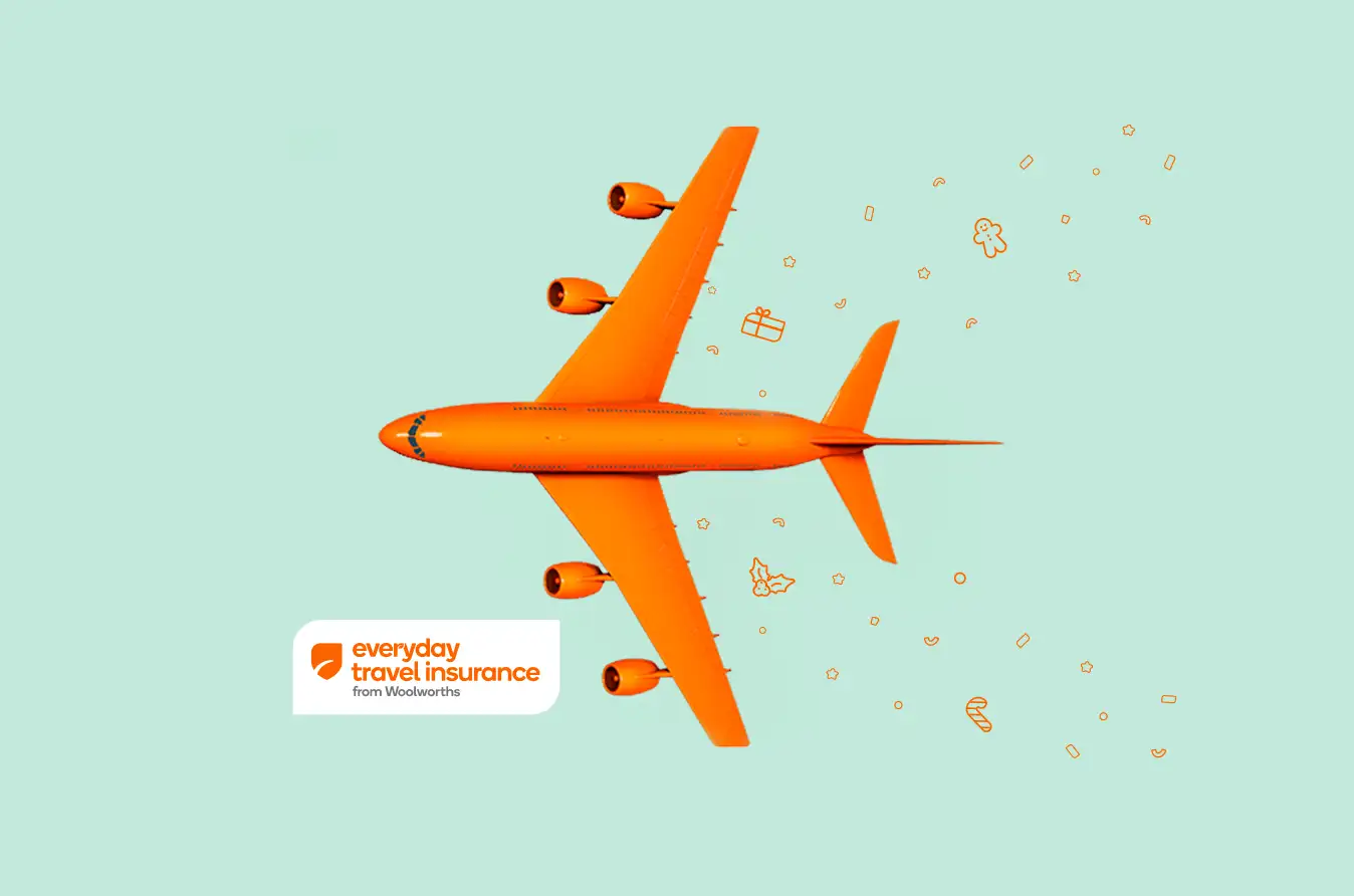 Orange airplane flying across a light aqua background with holiday themed icon trails.