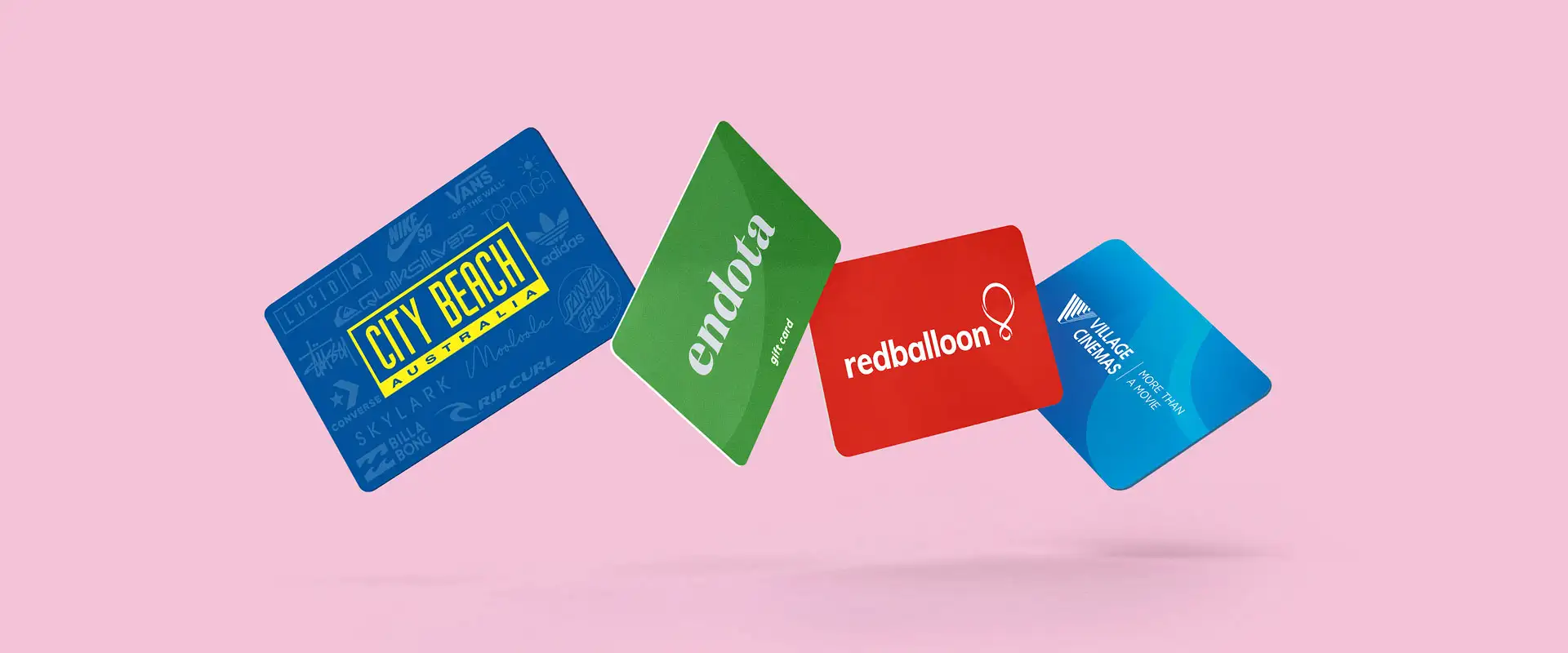 Four gift cards - City Beach, Endota, RedBalloon and Village Cinemas.