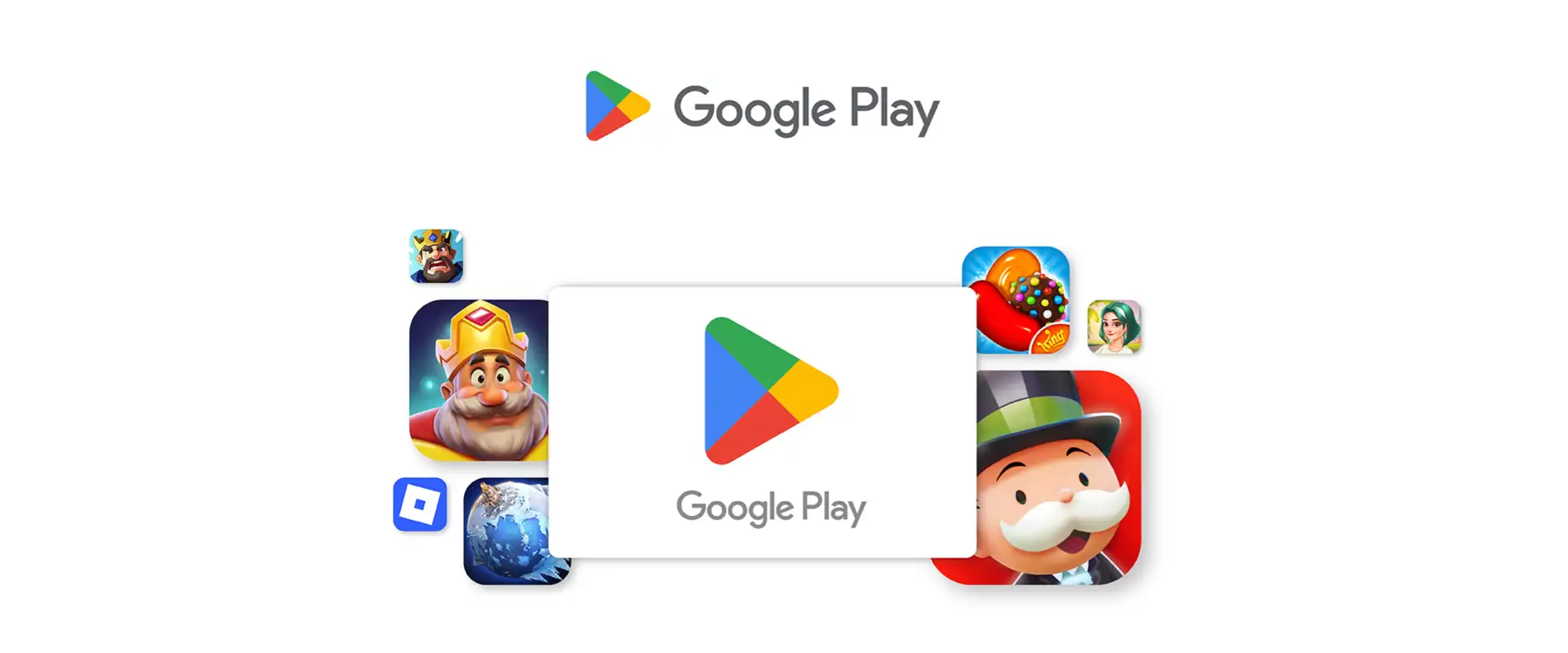 Google Play logo with several app icons floating around it, including Monopoly and game characters.