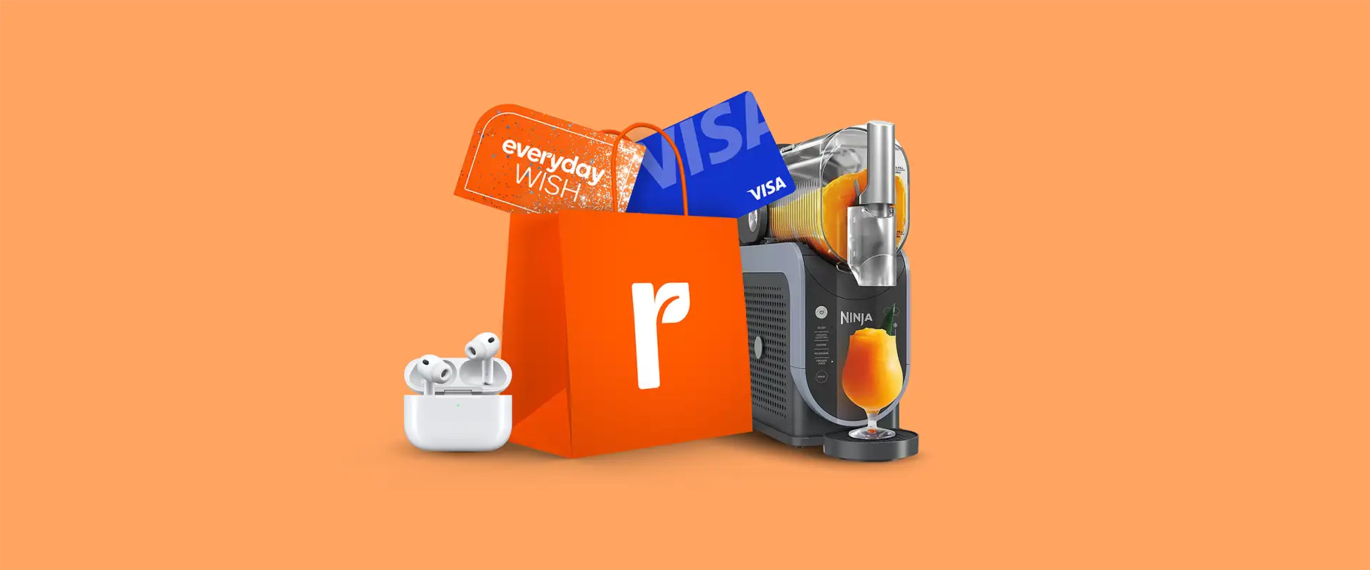 An orange shopping bag surrounded by a Ninja SLUSHI, a pair of white Apple Airpods, an "everyday WISH" gift card, and a blue Visa credit card.