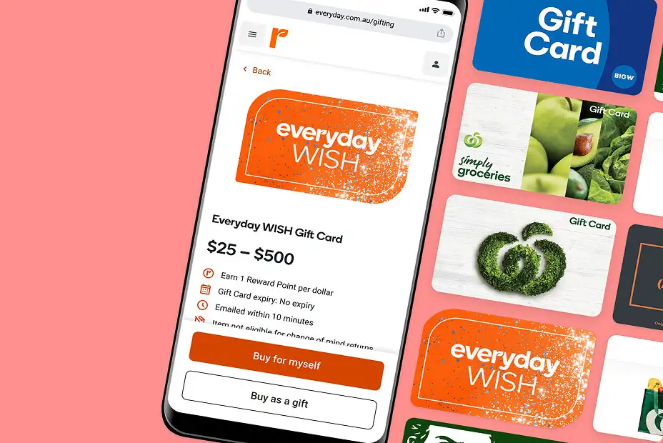 A smartphone screen displaying the Everyday Rewards app with an Everyday WISH eGift card selected, showing purchase options for $25 to $500 alongside other gift card tiles for Woolworths and Dan Murphy's.