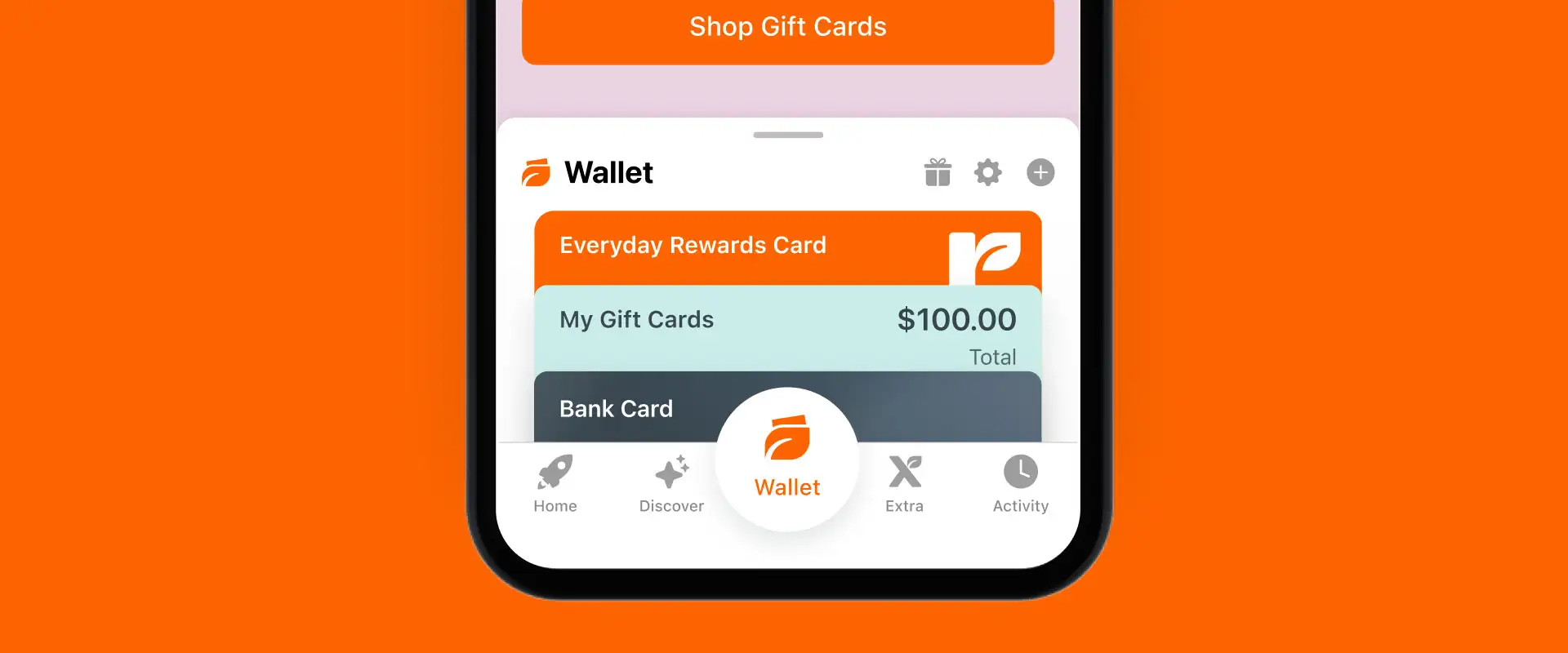 A mobile phone on an orange background displaying the wallet tab in the Everyday Rewards app.