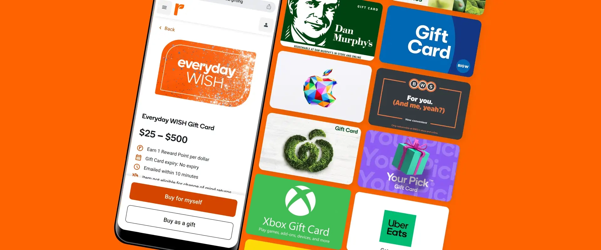 A selection of Gift Cards, including Everyday WISH, Dan Murphy's, Apple, Woolworths, Uber Eats, BIG W, BWS