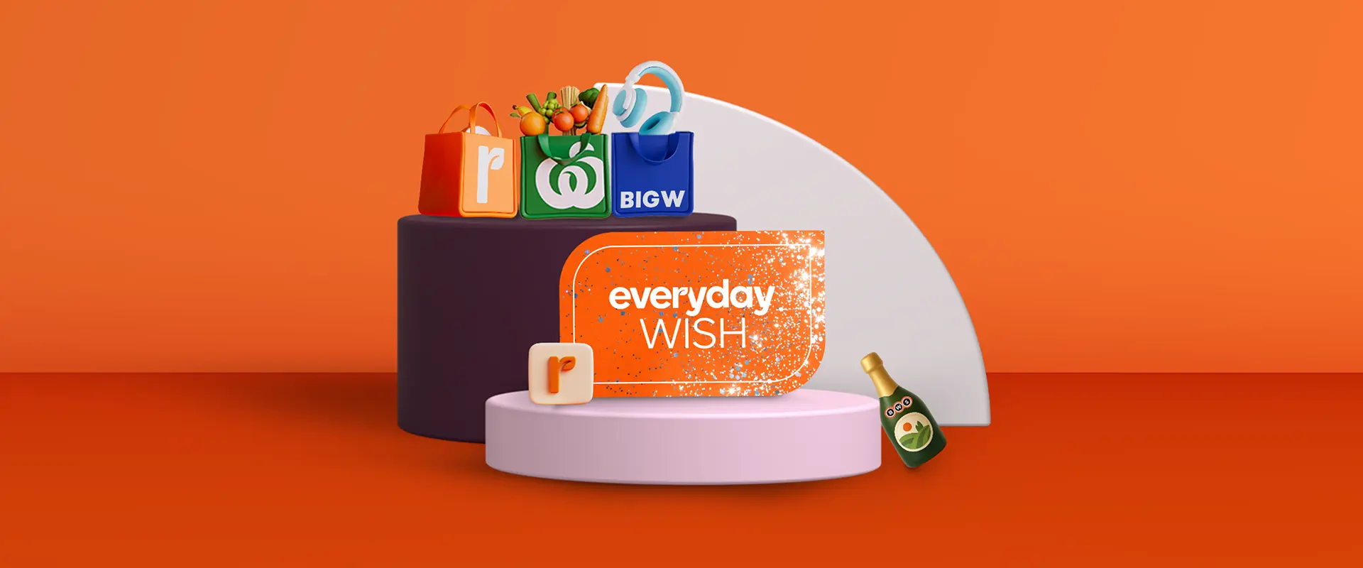 Everyday WISH card surrounded by shopping bags from Woolworths, BIG W, and Everyday Rewards, along with a bottle of BWS.
