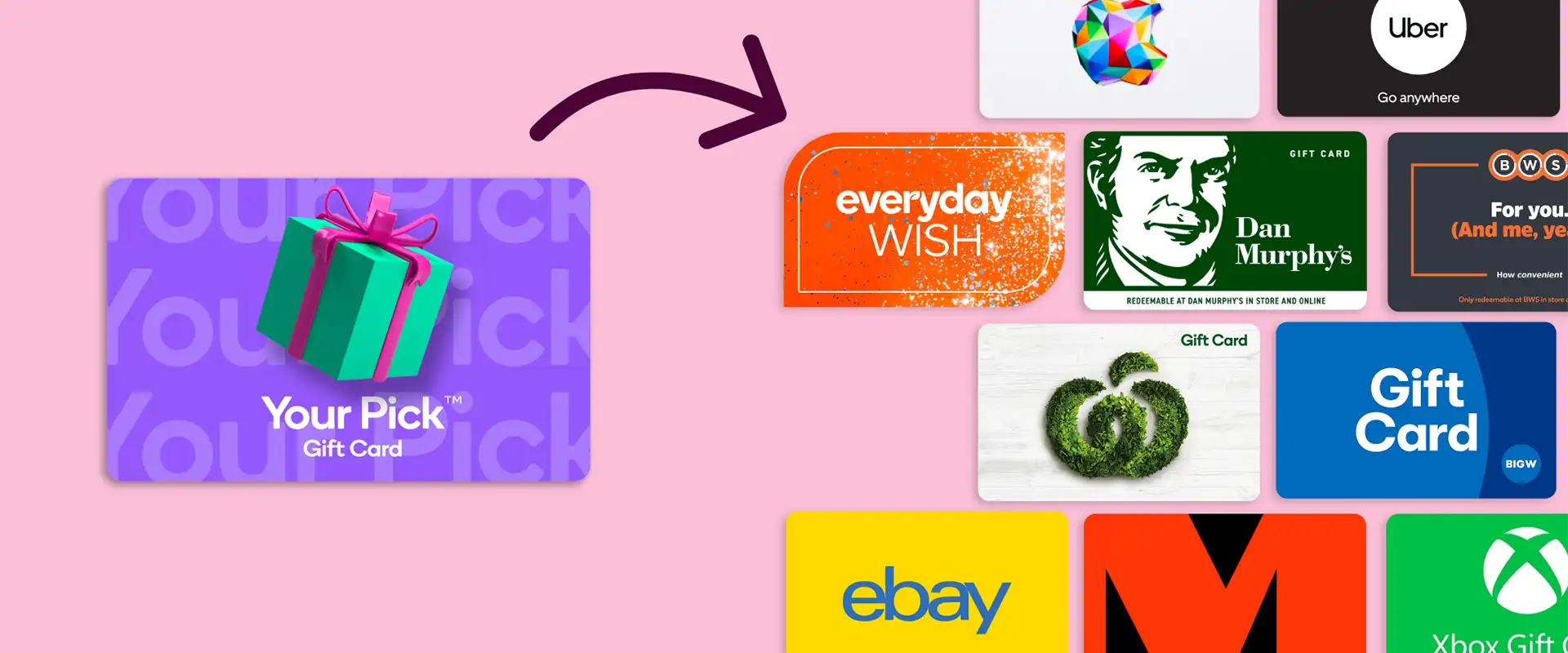 A Woolworths and BIG W Gift Card on a pink background surrounded by confetti.